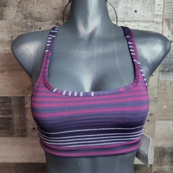 New Athleta Full Focus Strappy Sports Bra PurpleColorblock Stripe XXS - Picture 2 of 8